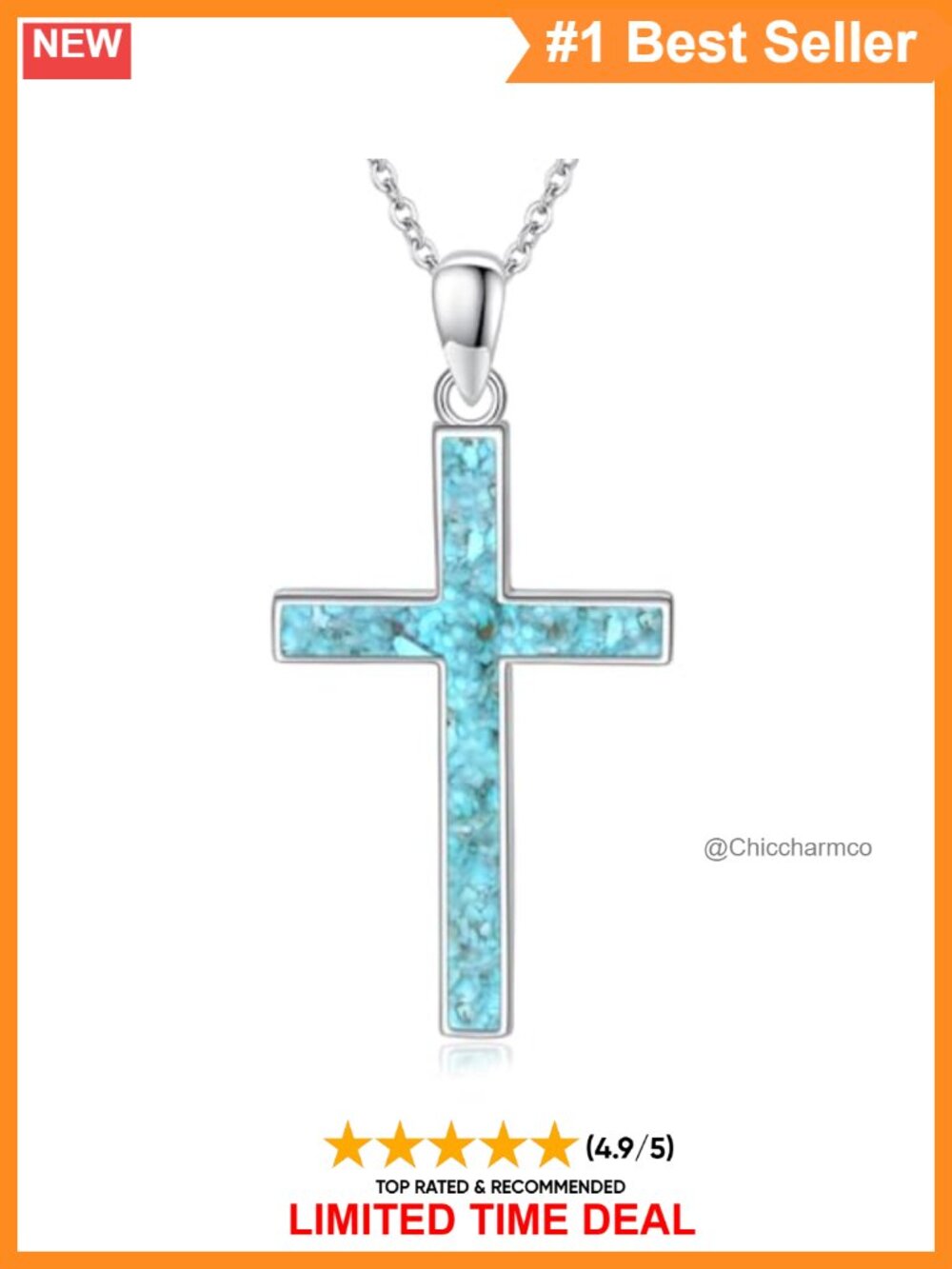 925 Sterling Silver Cross Necklace with Turquoise Pendant, 18 Inch Rolo Chain,
